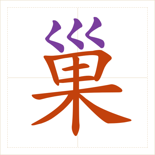 The character 巢 (cháo) with each of its parts in a different colour