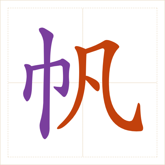 The character 帆 (fān) with each of its parts in a different colour