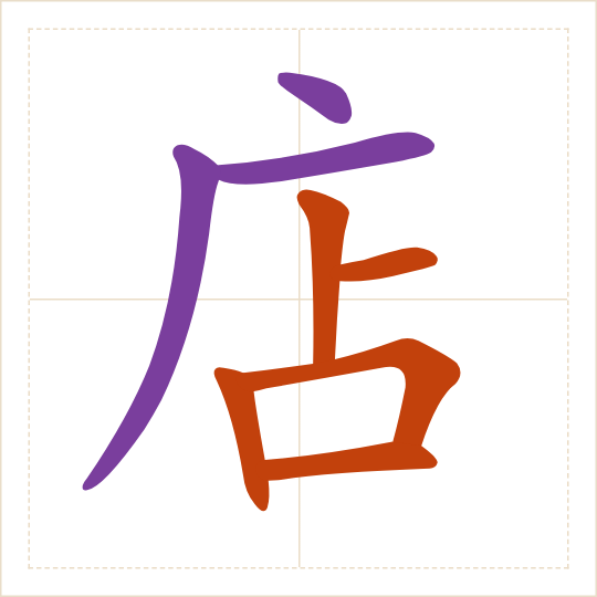 The character 店 (diàn) with each of its parts in a different colour