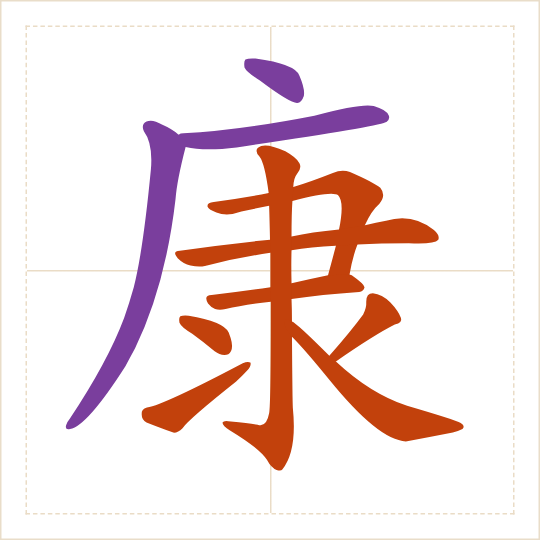 The character 康 (kāng) with each of its parts in a different colour