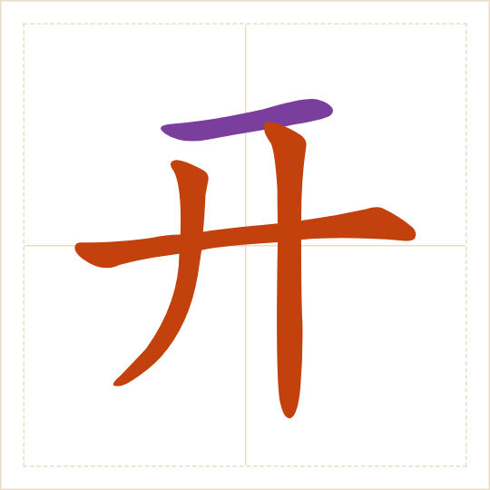 The character 开 (kāi) with each of its parts in a different colour