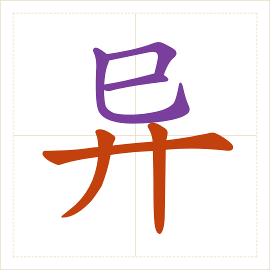 The character 异 (yì) with each of its parts in a different colour