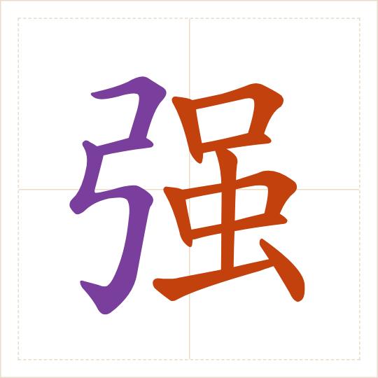 The character 强 (qiáng) with each of its parts in a different colour