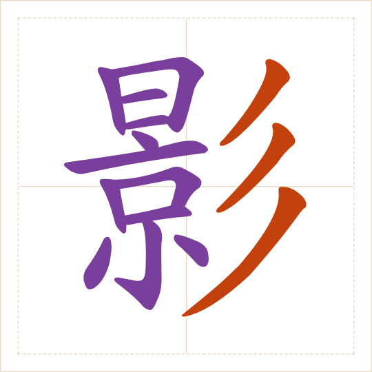 The character 影 (yǐng) with each of its parts in a different colour