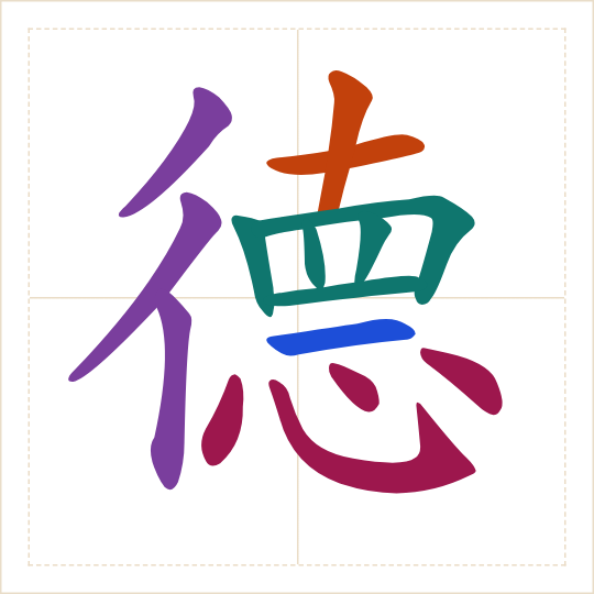 The character 德 (dé) with each of its parts in a different colour