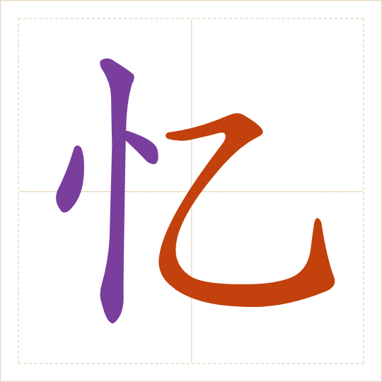 The character 忆 (yì) with each of its parts in a different colour