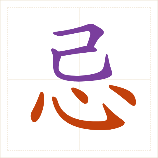 The character 忌 (jì) with each of its parts in a different colour
