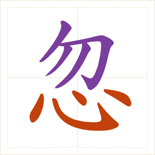 The character 忽 (hū) with each of its parts in a different colour
