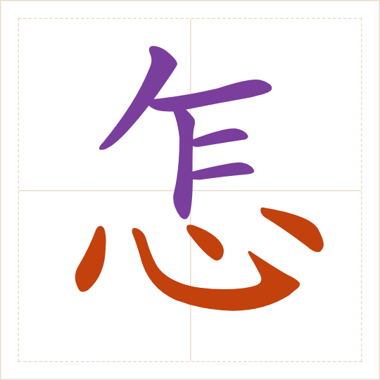 The character 怎 (zěn) with each of its parts in a different colour