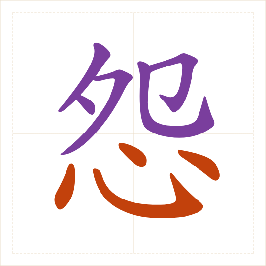 The character 怨 (yuàn) with each of its parts in a different colour