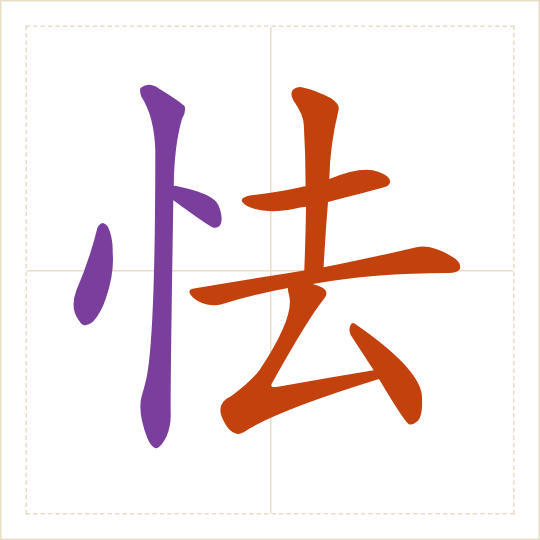 The character 怯 (qiè) with each of its parts in a different colour
