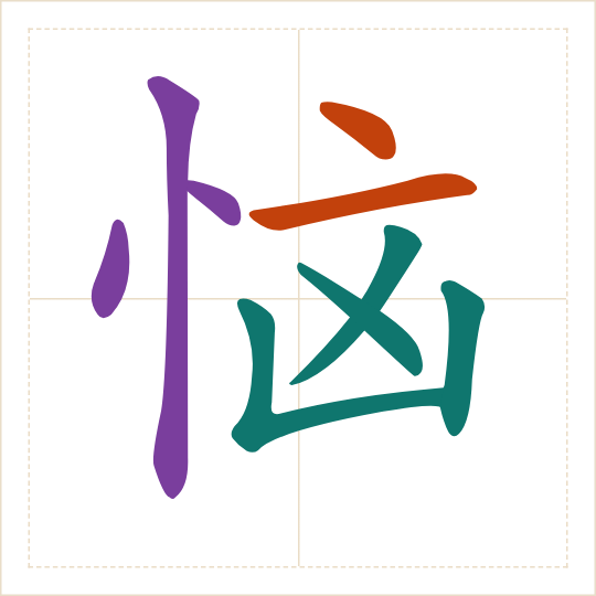 The character 恼 (nǎo) with each of its parts in a different colour