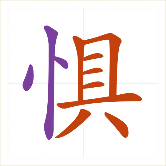 The character 惧 (jù) with each of its parts in a different colour