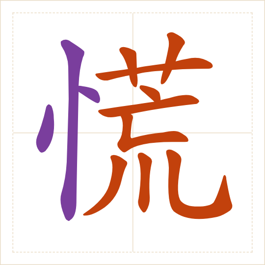 The character 慌 (huāng) with each of its parts in a different colour