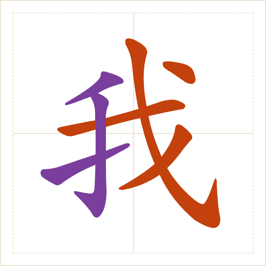 The character 我 (wǒ) with each of its parts in a different colour