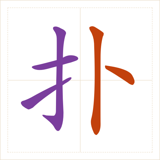 The character 扑 (pū) with each of its parts in a different colour