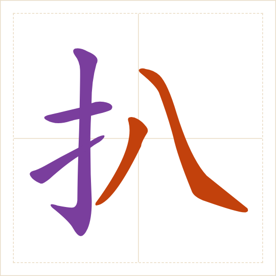 The character 扒 (bā) with each of its parts in a different colour