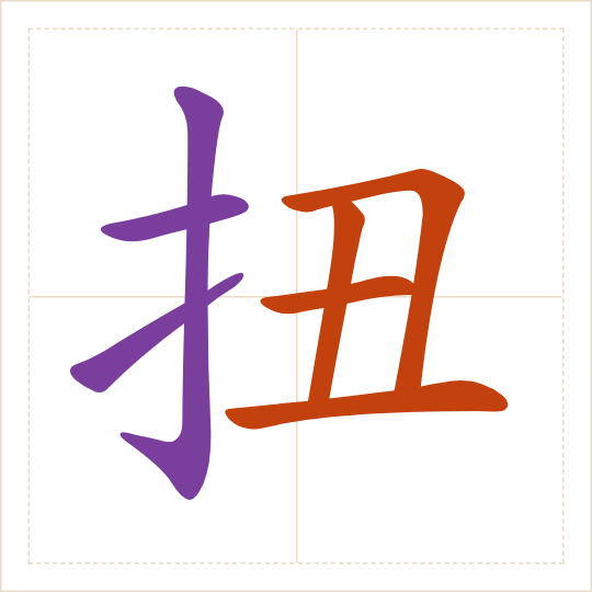The character 扭 (niǔ) with each of its parts in a different colour