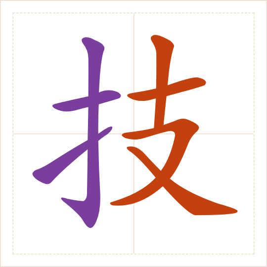 The character 技 (jì) with each of its parts in a different colour