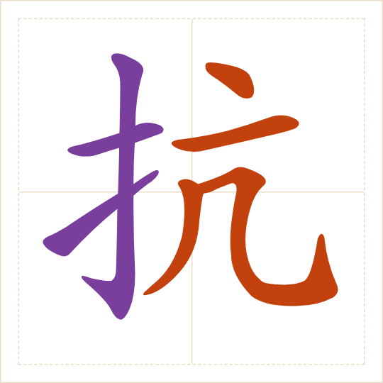 The character 抗 (kàng) with each of its parts in a different colour