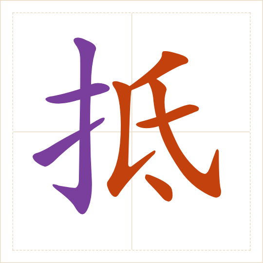 The character 抵 (dǐ) with each of its parts in a different colour