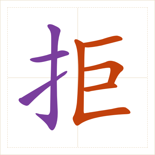 The character 拒 (jù) with each of its parts in a different colour