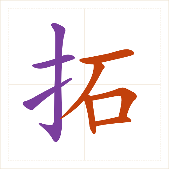 The character 拓 (tuò) with each of its parts in a different colour