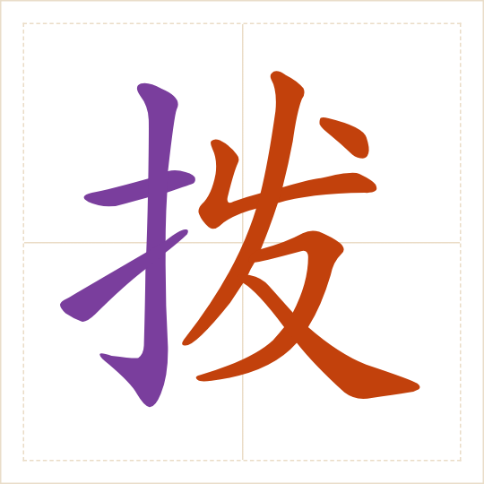 The character 拨 (bō) with each of its parts in a different colour