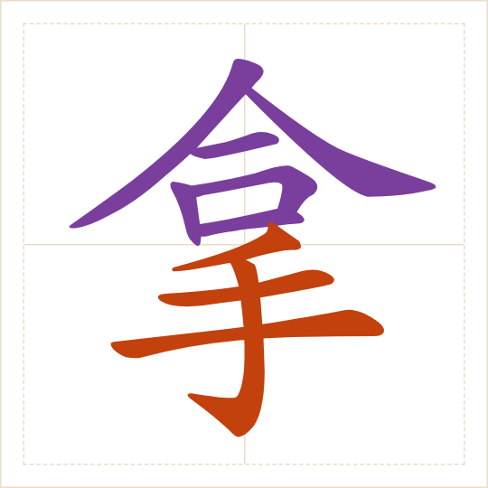 The character 拿 (ná) with each of its parts in a different colour