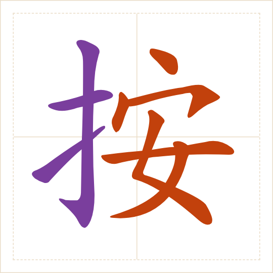 The character 按 (àn) with each of its parts in a different colour