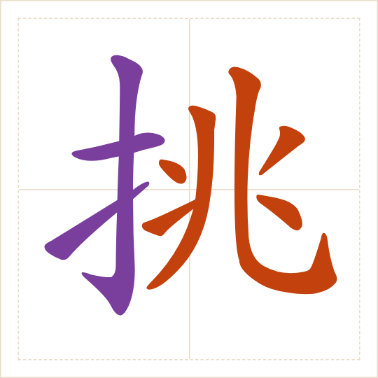 The character 挑 (tiǎo) with each of its parts in a different colour