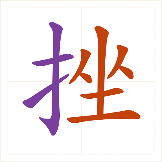 The character 挫 (cuò) with each of its parts in a different colour