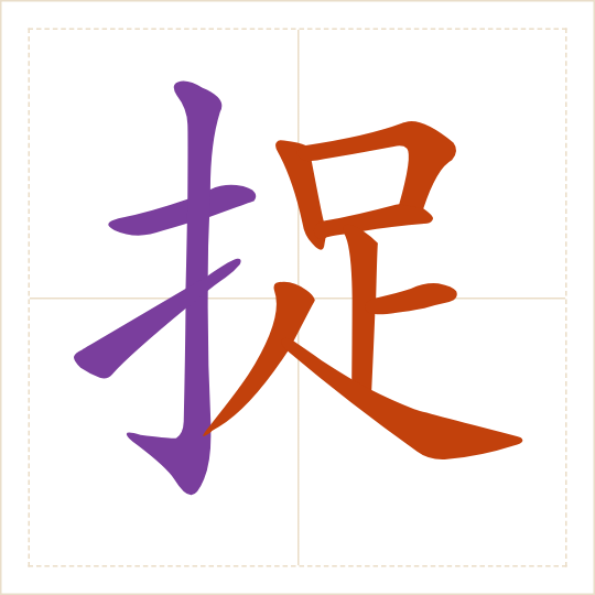 The character 捉 (zhuō) with each of its parts in a different colour