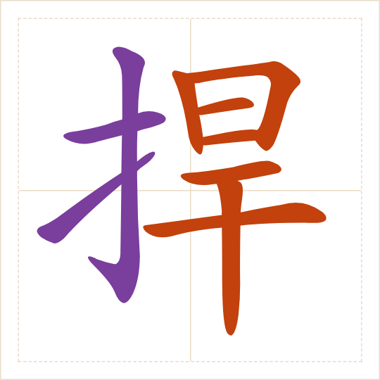 The character 捍 (hàn) with each of its parts in a different colour