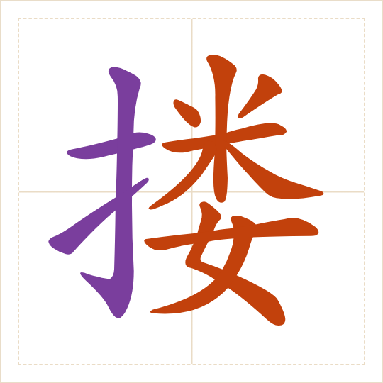 The character 搂 (lǒu) with each of its parts in a different colour