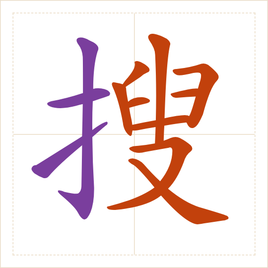 The character 搜 (sōu) with each of its parts in a different colour