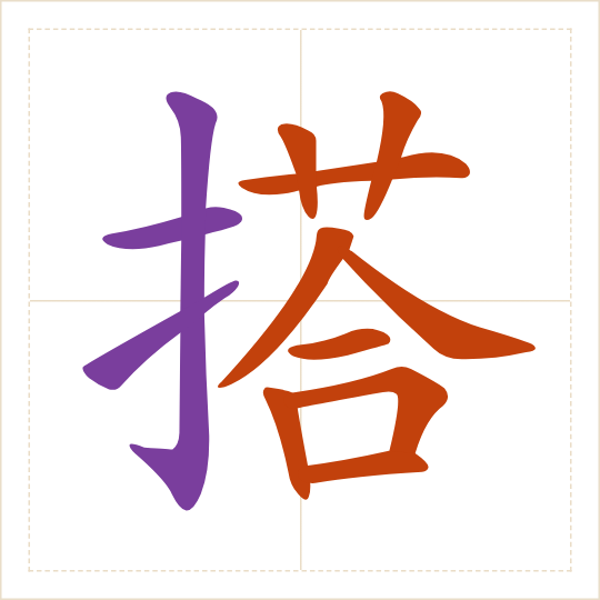 The character 搭 (dā) with each of its parts in a different colour