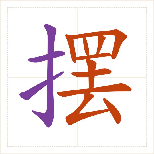 The character 摆 (bǎi) with each of its parts in a different colour