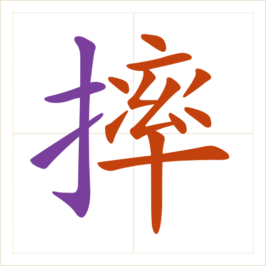 The character 摔 (shuāi) with each of its parts in a different colour