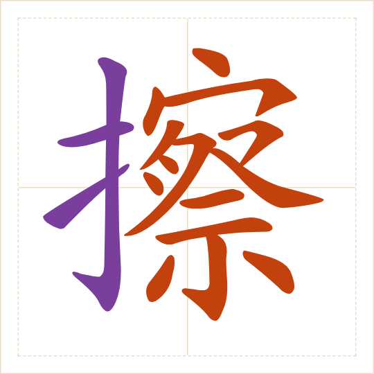 The character 擦 (cā) with each of its parts in a different colour