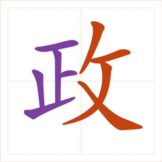 The character 政 (zhèng) with each of its parts in a different colour