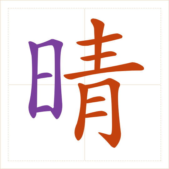 The character 晴 (qíng) with each of its parts in a different colour