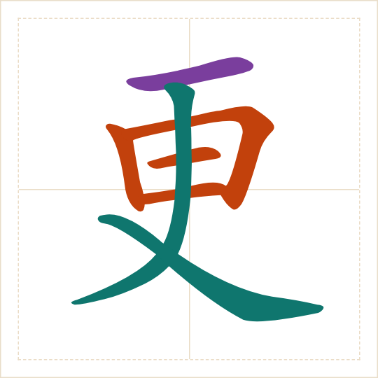 The character 更 (gèng) with each of its parts in a different colour