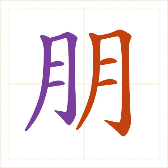The character 朋 (péng) with each of its parts in a different colour