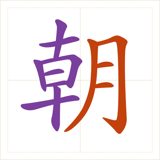 The character 朝 (cháo) with each of its parts in a different colour