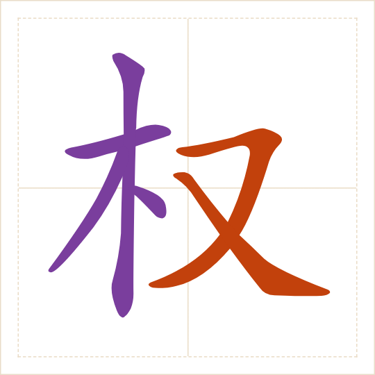 The character 权 (quán) with each of its parts in a different colour
