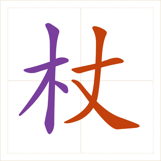 The character 杖 (zhàng) with each of its parts in a different colour