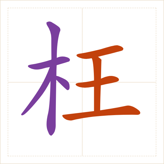 The character 枉 (wǎng) with each of its parts in a different colour