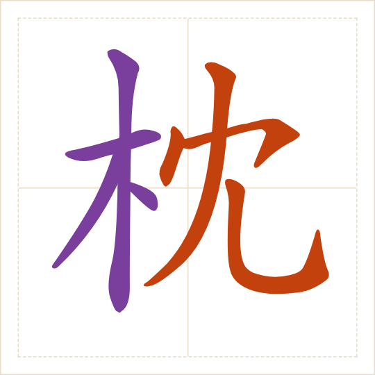 The character 枕 (zhěn) with each of its parts in a different colour