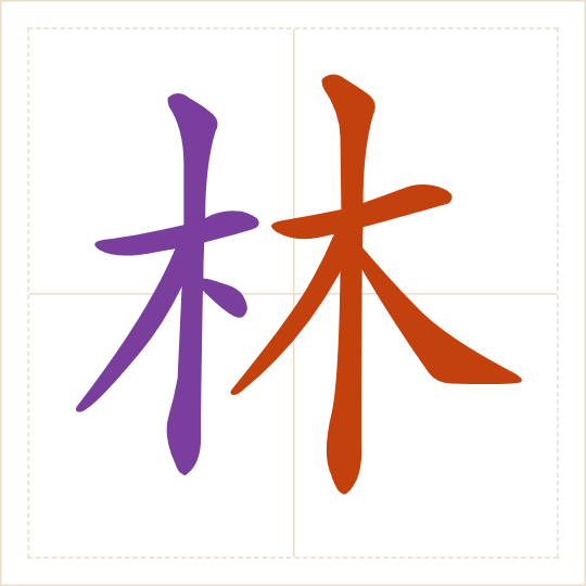 The character 林 (lín) with each of its parts in a different colour